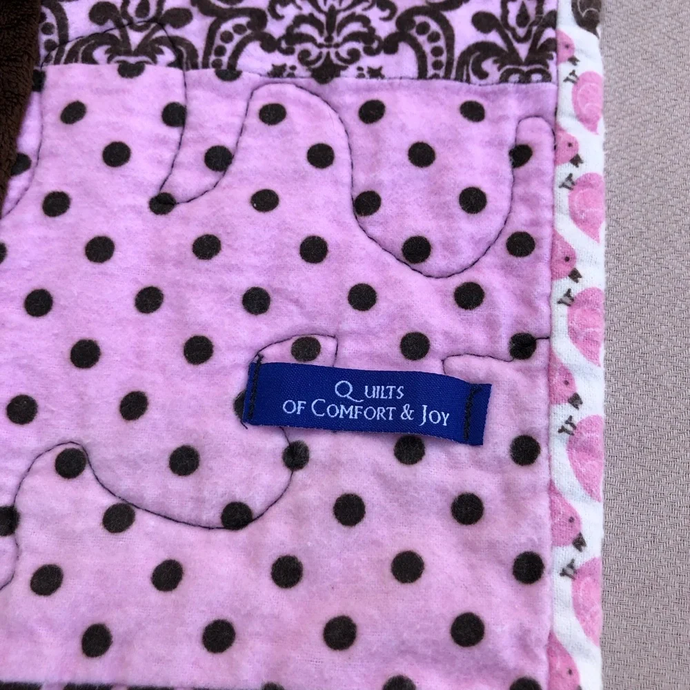 Lot Of 1 Baby Girl Pink Brown Green Cotton Quilt and 1 Soft Blanket Patchwork
